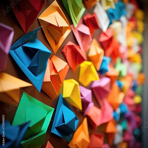A wall of colorful origami paper birds hanging on a wall. Generative AI.