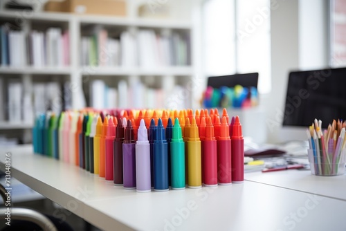 A row of crayons sitting on top of a white table. Generative AI.