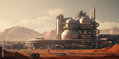 A large industrial plant in a desert with mountains in the background. Generative AI. photo