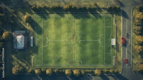 An aerial view of a soccer field with trees. Generative AI. © Elena