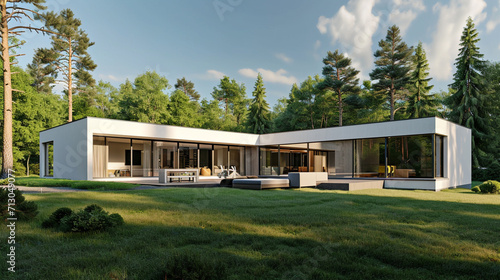 Modern rectangular detached house with a large backyard in a forested area. Ai Generative © Witri