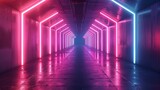 Abstract neon ultraviolet background. Modern laser sci-fi room, visual cyber space, music background. Interior of  night club, tunnel, corridor with concrete walls. 