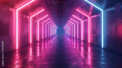 Abstract neon ultraviolet background. Modern laser sci-fi room, visual cyber space, music background. Interior of  night club, tunnel, corridor with concrete walls. 