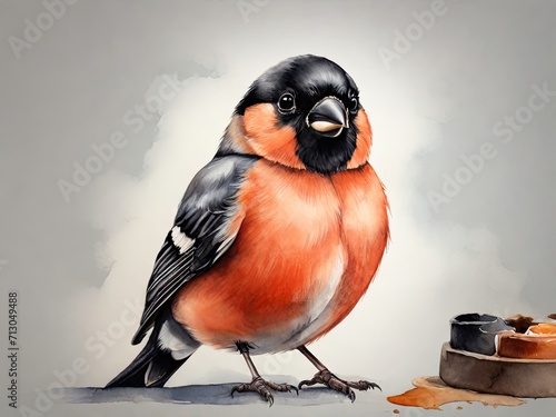Bullfinch painted in watercolor. Nature conservation concept
