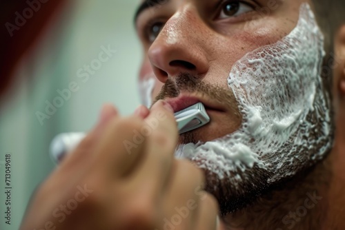 A man shaves his face with an electric shaver 