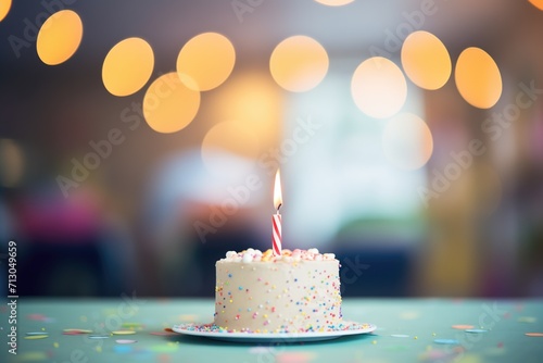 cake with a lit birthday candle, unfocused background photo