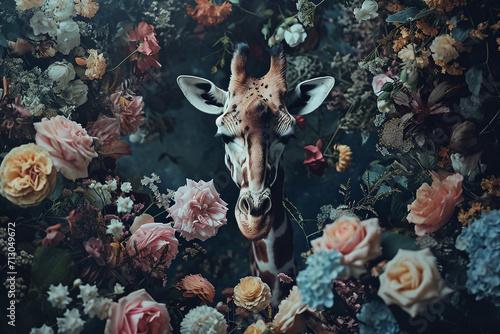 Giraffe portrait with fresh flowers and leaves. Creative animal portrait. Generative Ai