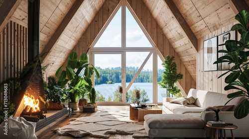 Modern Scandinavian wooden house for holiday or vacation with a cozy living room. Ai Generative