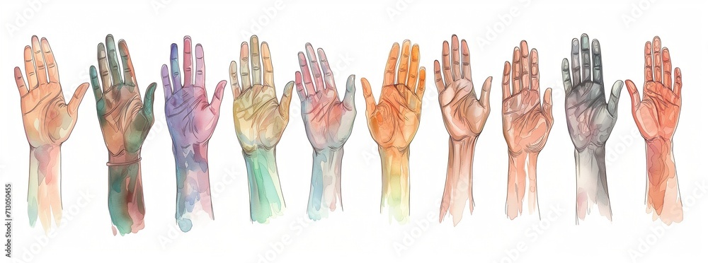 Symbol of diveristy and peace, illustration representing a series of hands of different skin color, asian, black, white, african, arab, indian, caucasian, european, or slavic complexion or skin tone - obrazy, fototapety, plakaty 