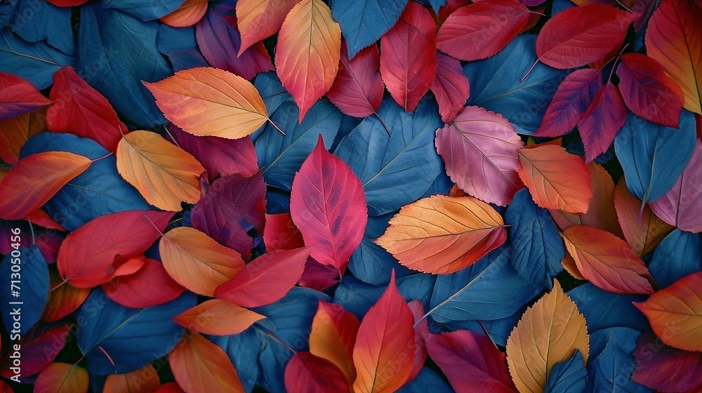 Colorful leaves spread randomly on a dark surface. Colorful leaves spread randomly on a dark surface.