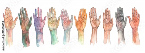 Symbol of diveristy and peace, illustration representing a series of hands of different skin color, asian, black, white, african, arab, indian, caucasian, european, or slavic complexion or skin tone photo
