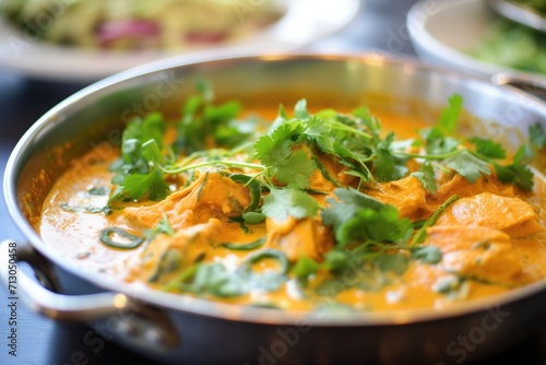 close-up of butter chicken garnished with cilantro, steaming hot
