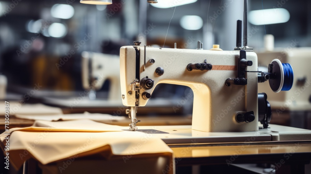 Close-up of modern sewing machines in a large factory. Sewing studio about sewing clothes, textiles, repairs, furniture stuffing on an industrial scale. Hobbies, Business, handmade concepts.