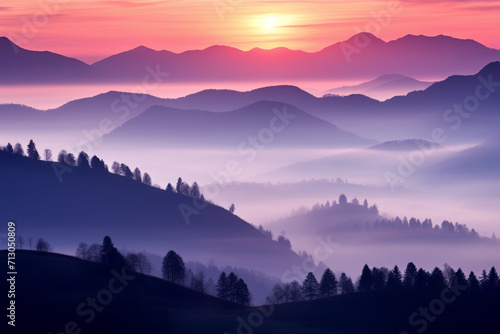 Mountain range with visible silhouettes through the morning colorful fog. Landscape scenic view. Generative AI