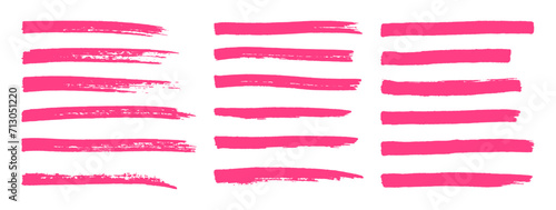 Set isolated long hand drawn markers stripes. Grunge texture stroke lines. Pink highlight elements. Vector illustration. Decoration for reminder, selection, direction, note