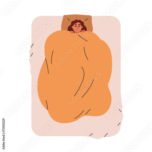 Woman sleeping in bed. Happy girl asleep under blanket, lying, resting on pillow. Person reposing, covered with duvet, top view. Healthy dream. Flat vector illustration isolated on white background
