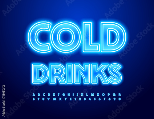 Vector glowing sign Cold Drinks with Blue electric Font. Lighting set of Alphabet Letters and Numbers.
