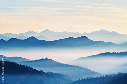Mountain range with visible silhouettes through the morning colorful fog. Landscape scenic view. Generative AI © marcin jucha