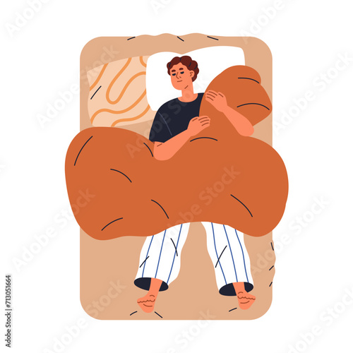 Man sleeping in bed, top view. Sleeper lying, relaxing on pillow, back positi...