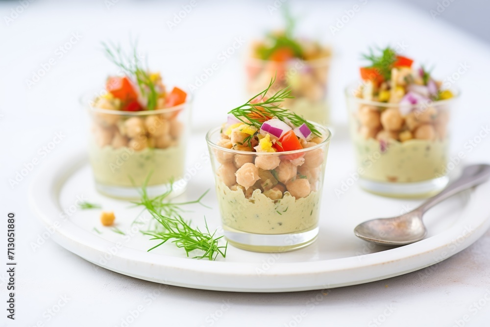 individual servings of chickpea salad in small cups individual servings of chickpea salad in small cups