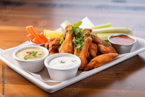 wings platter with assorted flavors and dips