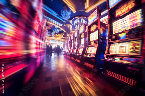 Rows of slot machines in casino blurred