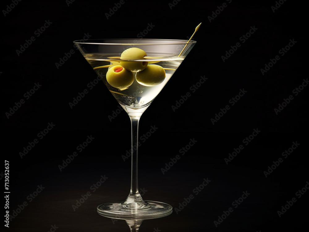 A sophisticated and timeless cocktail, a classic martini with a garnish of olive, taken in vintage style.