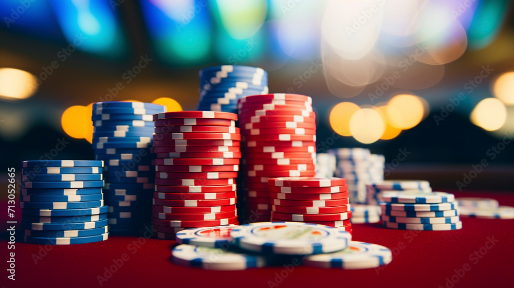 Betting Whispers: Poker Chips in Enigmatic Blurred Scene, Generative AI