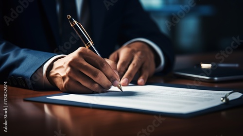 Close up a businessman signing agreement with ballpoint pen. Signing a contract.