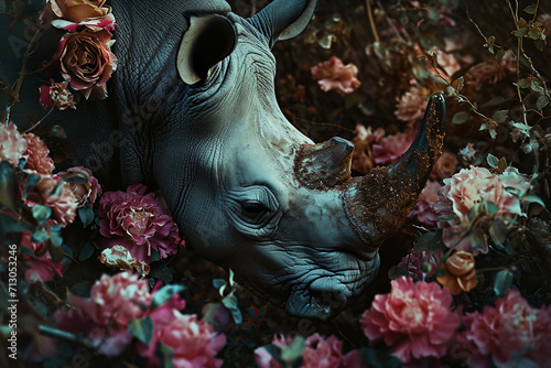 Rhino portrait with fresh flowers and leaves. Creative animal portrait. Generative Ai