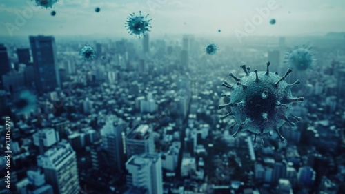 image of a virus that flies over society and destroys cities, quarantine, a complete disaster