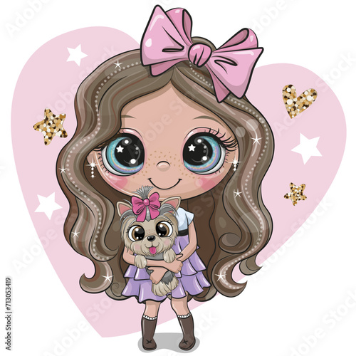 Cute cartoon girl with a Yorkshire terrier