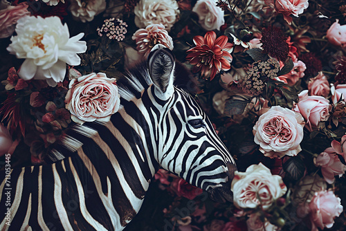 Zebra portrait with fresh flowers and leaves. Creative animal portrait. Generative Ai photo