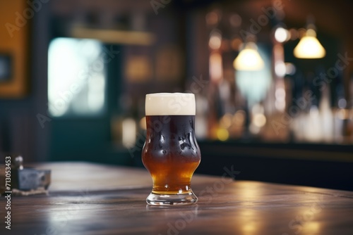 glass of dark ale with rich head of foam on pub bar