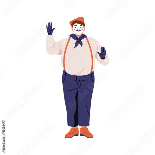 French mime performing pantomime with hands in gloves. Comic mimic actor, street performer during silent dumb deaf comedy Behind the Wall. Flat vector illustration isolated on white background