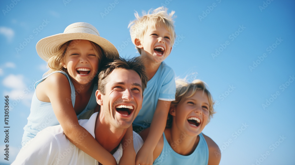 Portrait of happy family having fun on the beach against blue sky Portrait of happy family having fun on the beach against blue sky