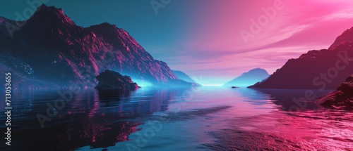 Landscape vapor wave synth background. Generative AI