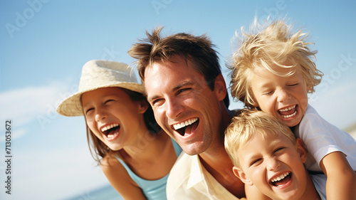 Portrait of happy family having fun on the beach against blue sky © wipawan