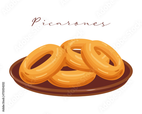 Picarones pumpkin donuts, dessert, latin american cuisine. National cuisine of Peru. Food illustration, vector