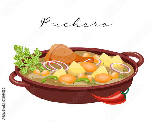 Hot dish Puchero, stewed vegetables with meat, Latin American cuisine. Food illustration, vector