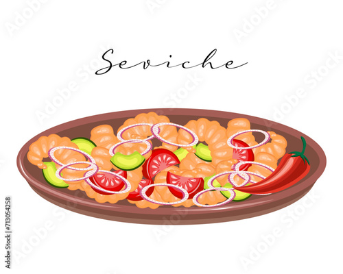 Seafood salad Ceviche. Shrimp, avocado, tomato and onion salad, Latin American cuisine. National cuisine of Peru. Food illustration, vector
