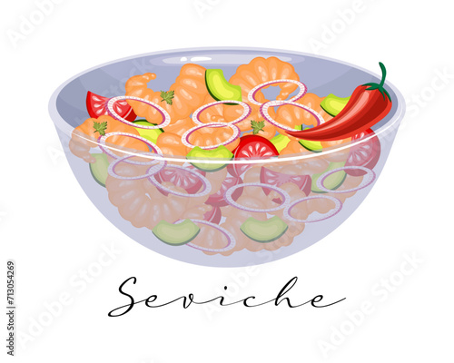 Seafood salad Ceviche. Shrimp, avocado, tomato and onion salad, Latin American cuisine. National cuisine of Peru. Food illustration, vector