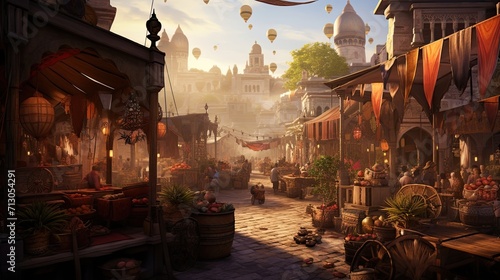 Bustling, marketplace, distant bazaar, exotic, cultural richness, vibrant, diverse, treasures, authentic, bustling stalls. Generated by AI. © Кирилл Макаров