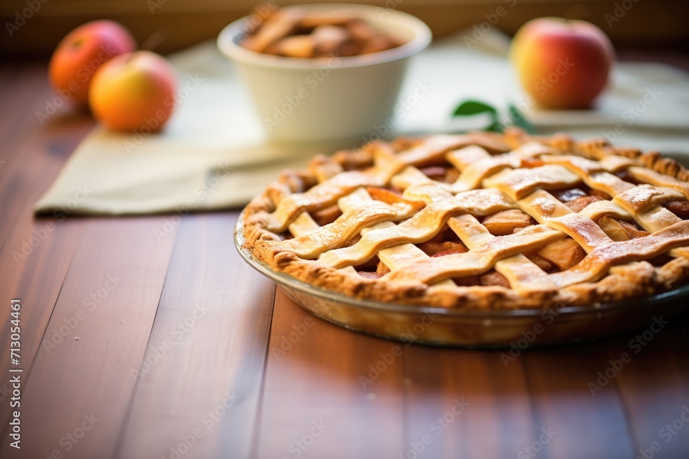 piping hot apple pie with a lattice crust, on a wooden surface piping hot apple pie with a lattice crust, on a wooden surface