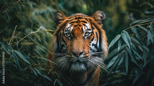 wall poster of tiger in jungle with close-up intensity style  saturated color scheme