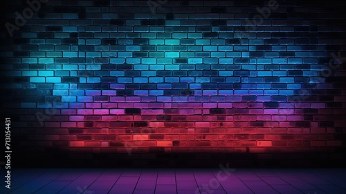 dark brick wall texture with purple and blue neon lights. Product mockup  retrowave style. 3d rendering 