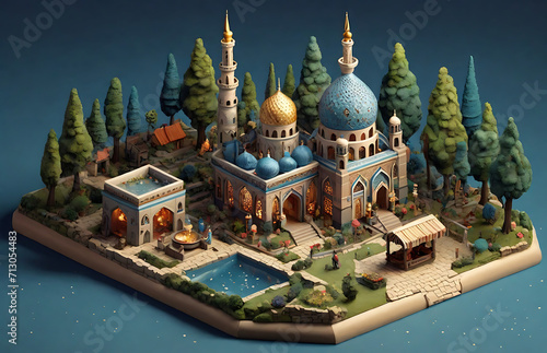 Isometric miniature mosque in the middle of green trees photo