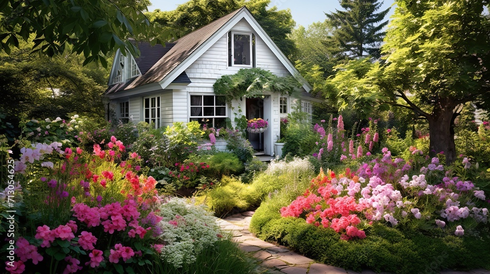 Charming, cottage garden, blooming flowers, vibrant, colorful, floral paradise, picturesque, tranquil, nature's beauty, blossoming. Generated by AI.