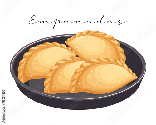 Fried meat pies, empanadas on a clay plate, latin american cuisine. National cuisine of Argentina. Food illustration, vector