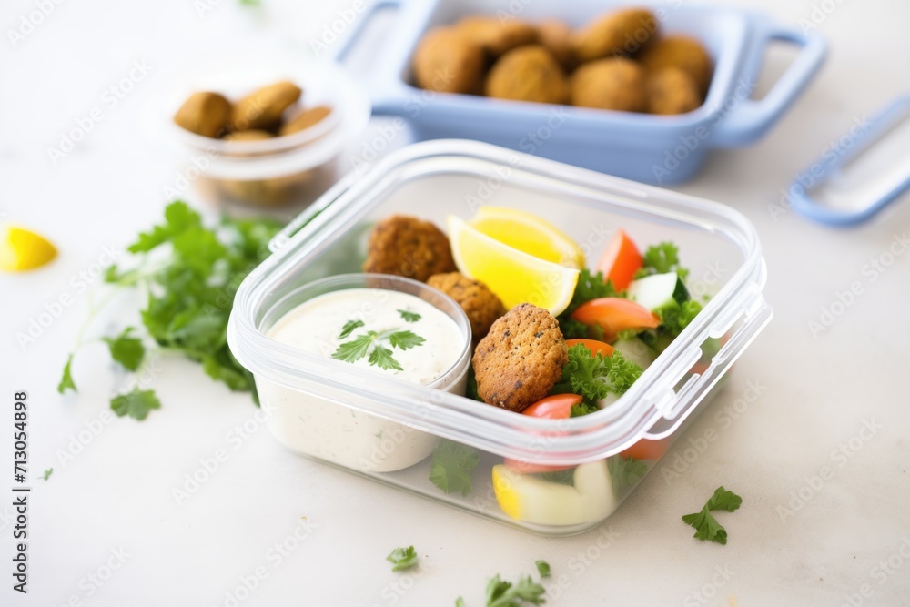 falafel meal prep containers with side of tahini falafel meal prep containers with side of tahini
